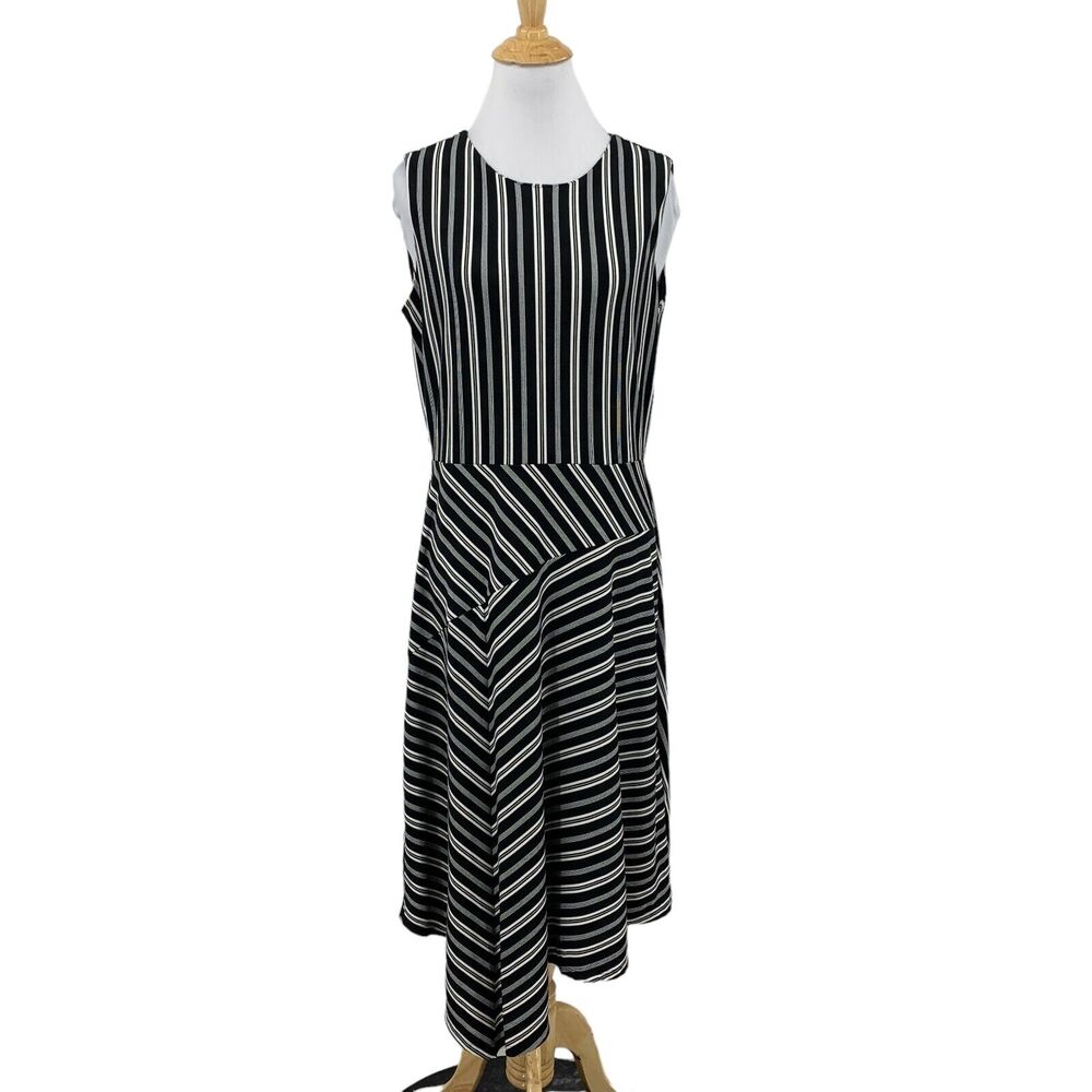 Banana Republic Dress Womens M Medium Black Asymmetrical Striped Sleeveless Midi
